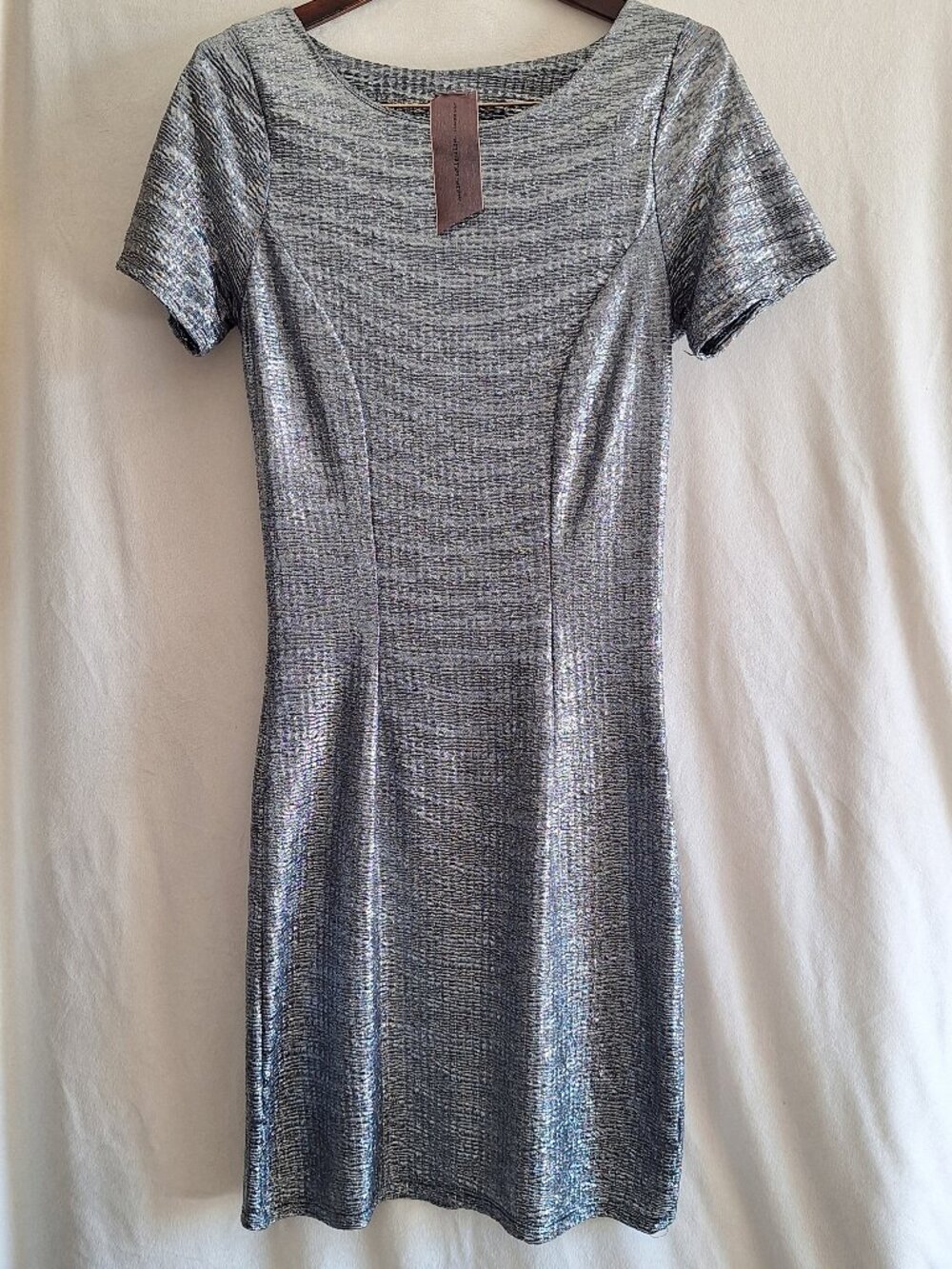 Metallic Silver "Moon Collection L.A." Sheath Dress shimmer ribbed texture-Shiny
